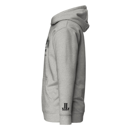 Side view of a gray hoodie with a front pocket and logo on the sleeve.