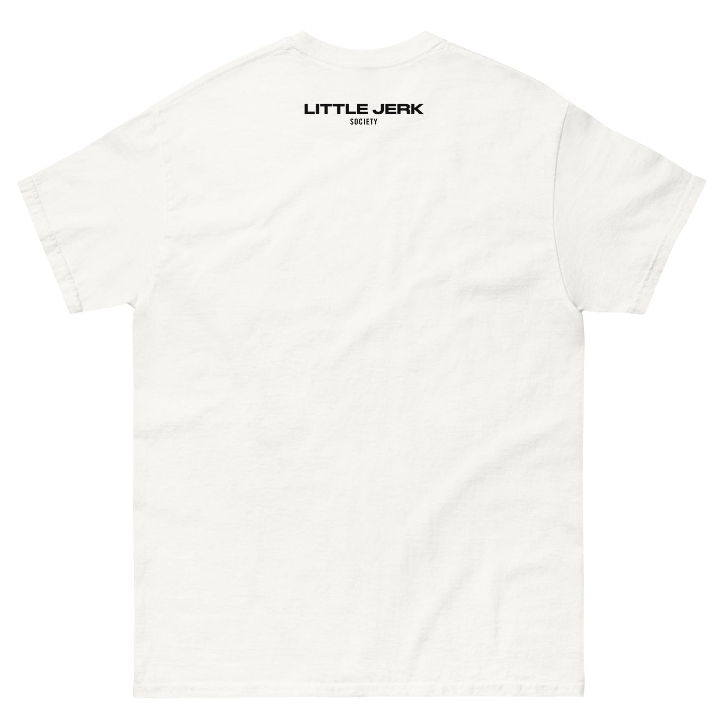 Back view of a white t-shirt with 'LITTLE JERK' printed at the top