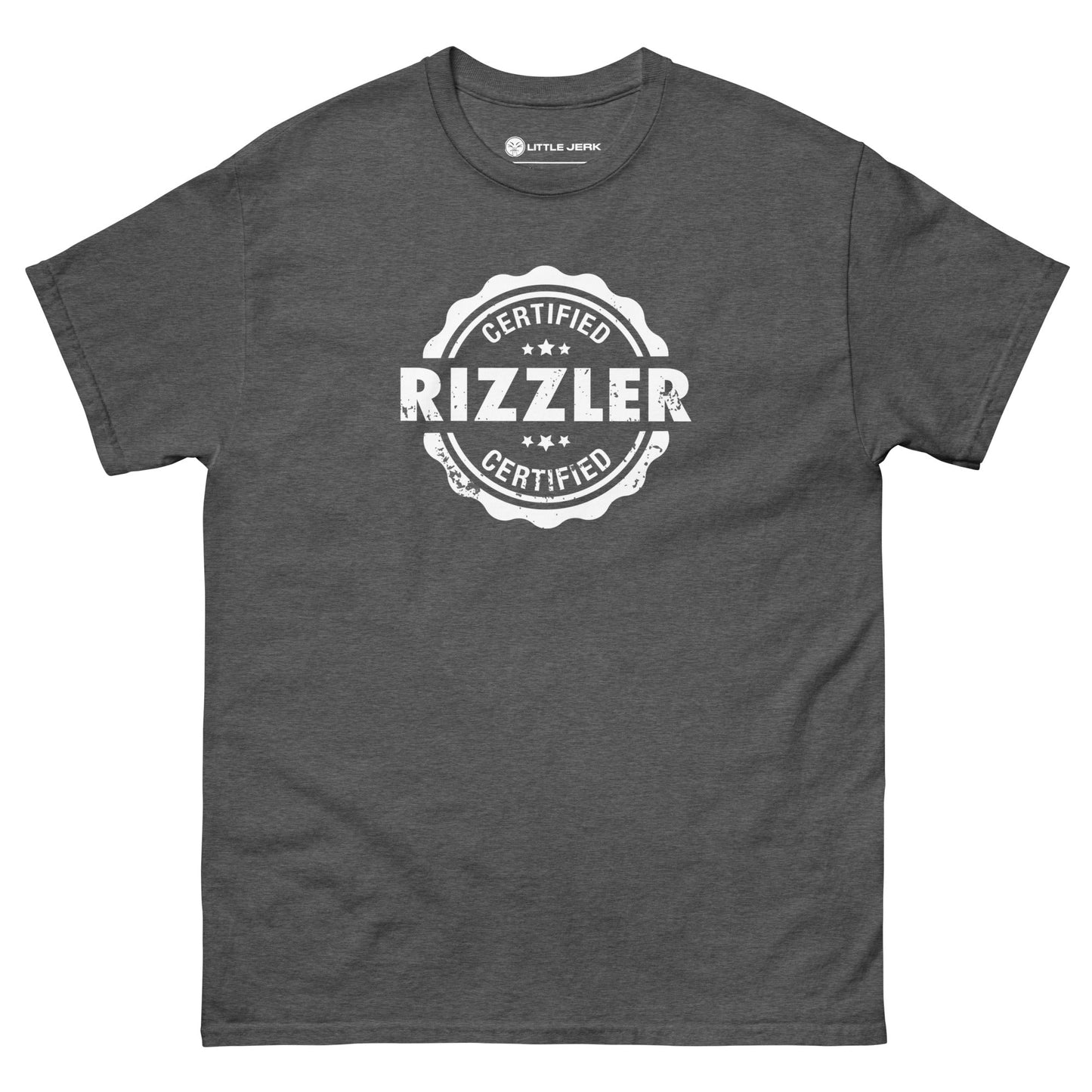 Gray t-shirt with a circular 'Rizzler Certified' logo in white.