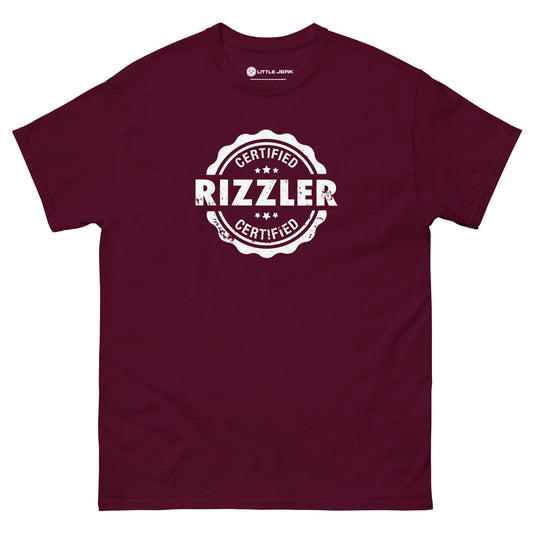 Maroon t-shirt with 'RIZZLER' and 'Certified' graphic design