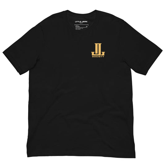 Black t-shirt with yellow logo on the chest