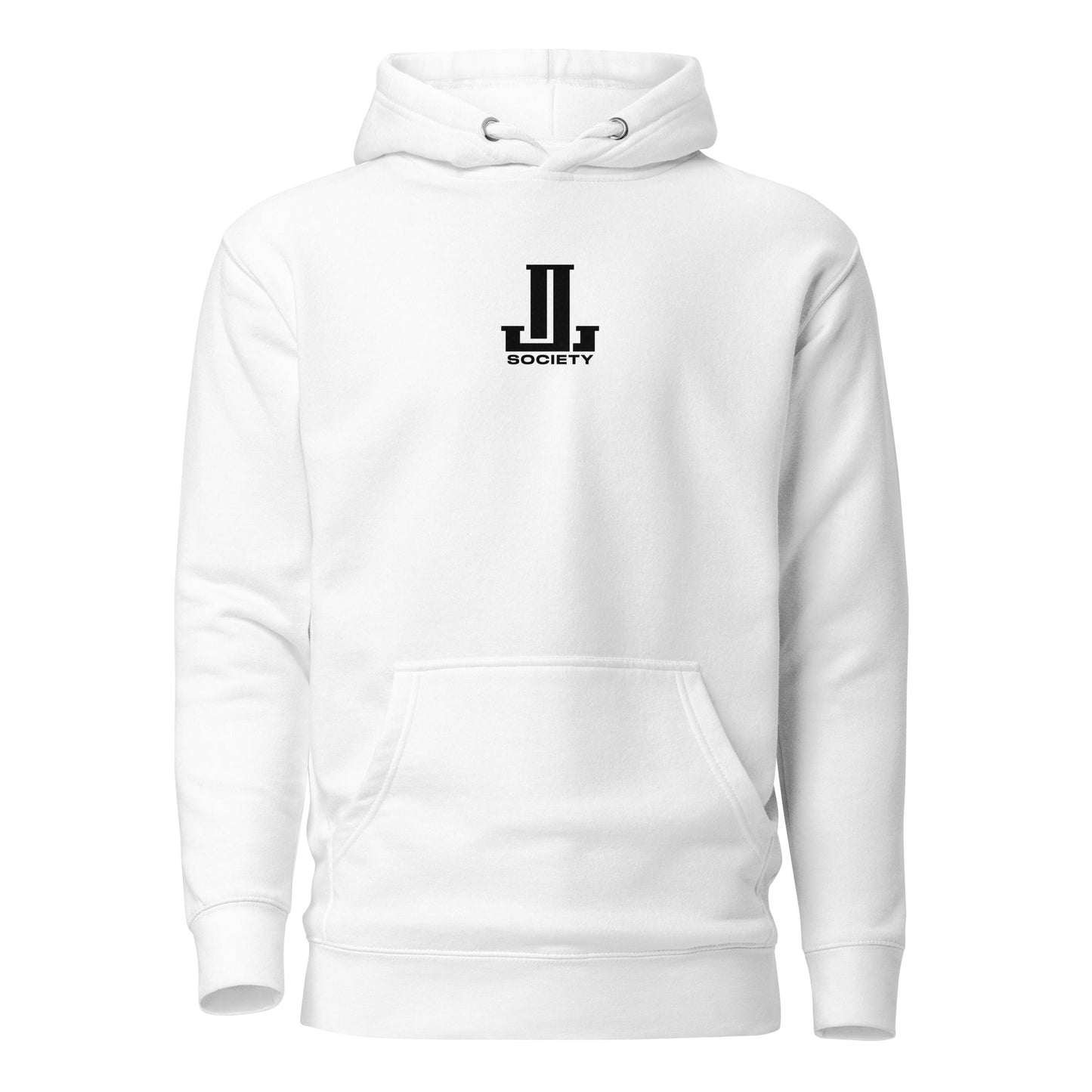 White hoodie with a logo on the front.