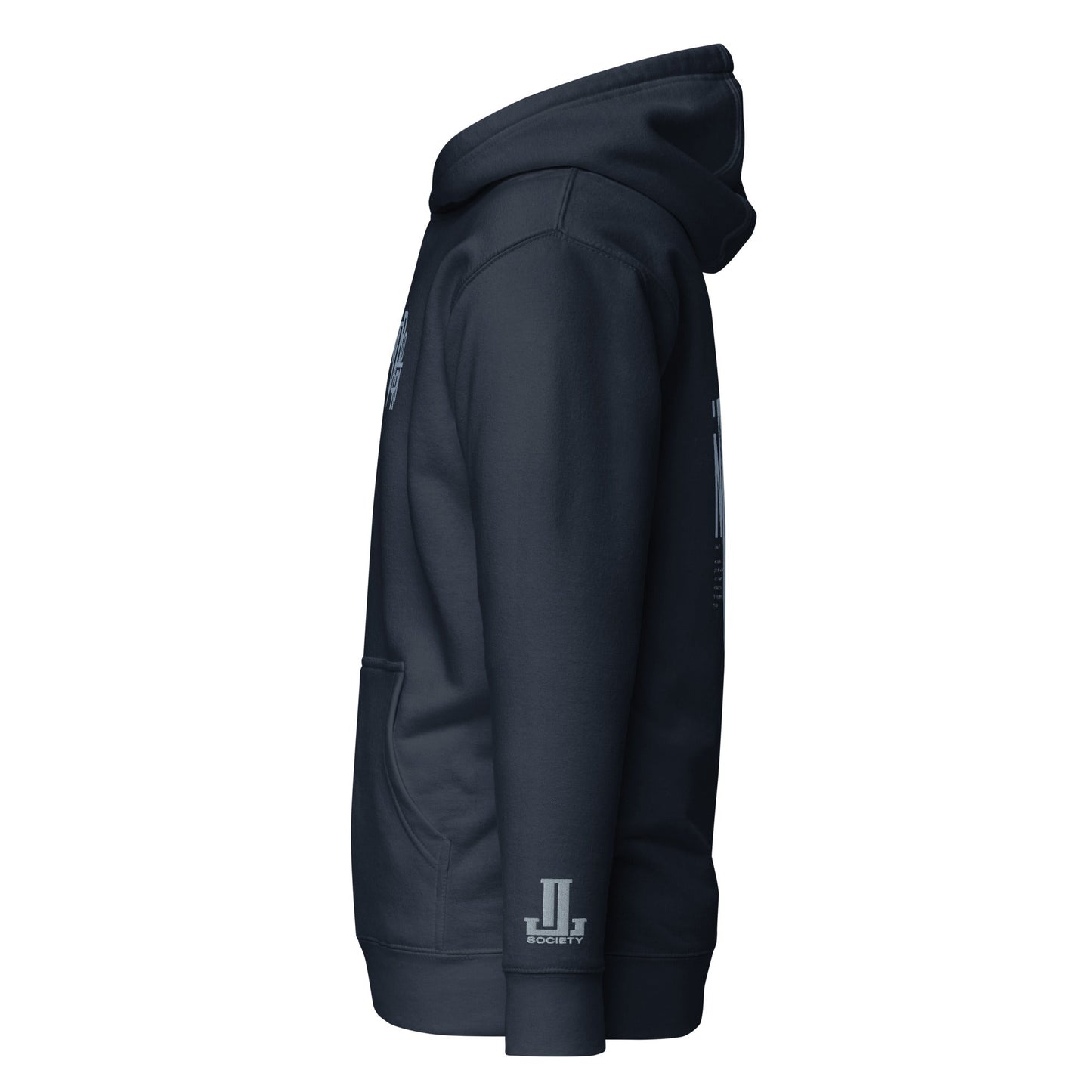 Side view of a black hoodie with a kangaroo pocket and a hood.