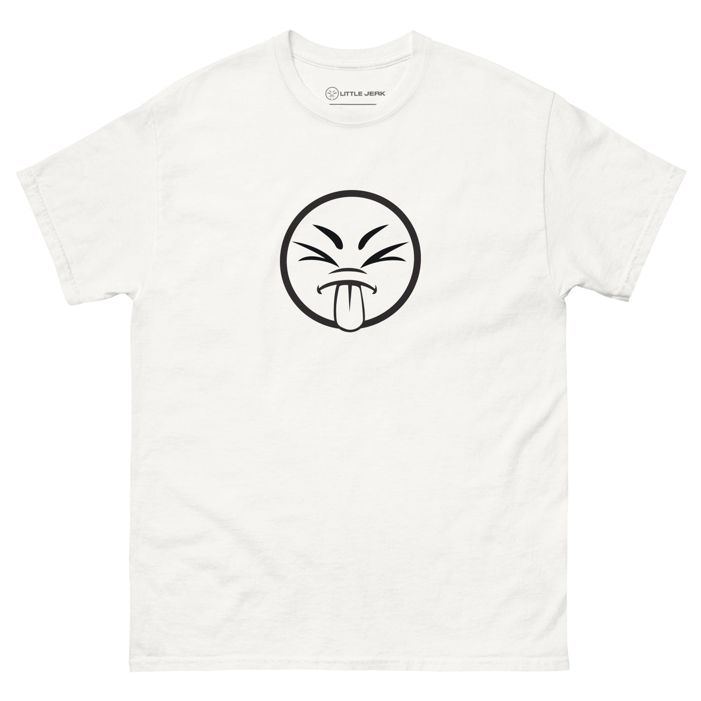 White t-shirt featuring a humorous face emoji with a tongue sticking out.