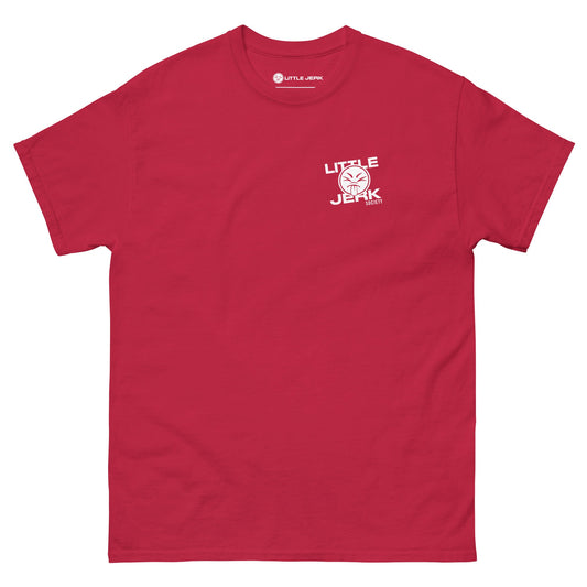 Red t-shirt featuring 'Little Jerky' graphic on the front.