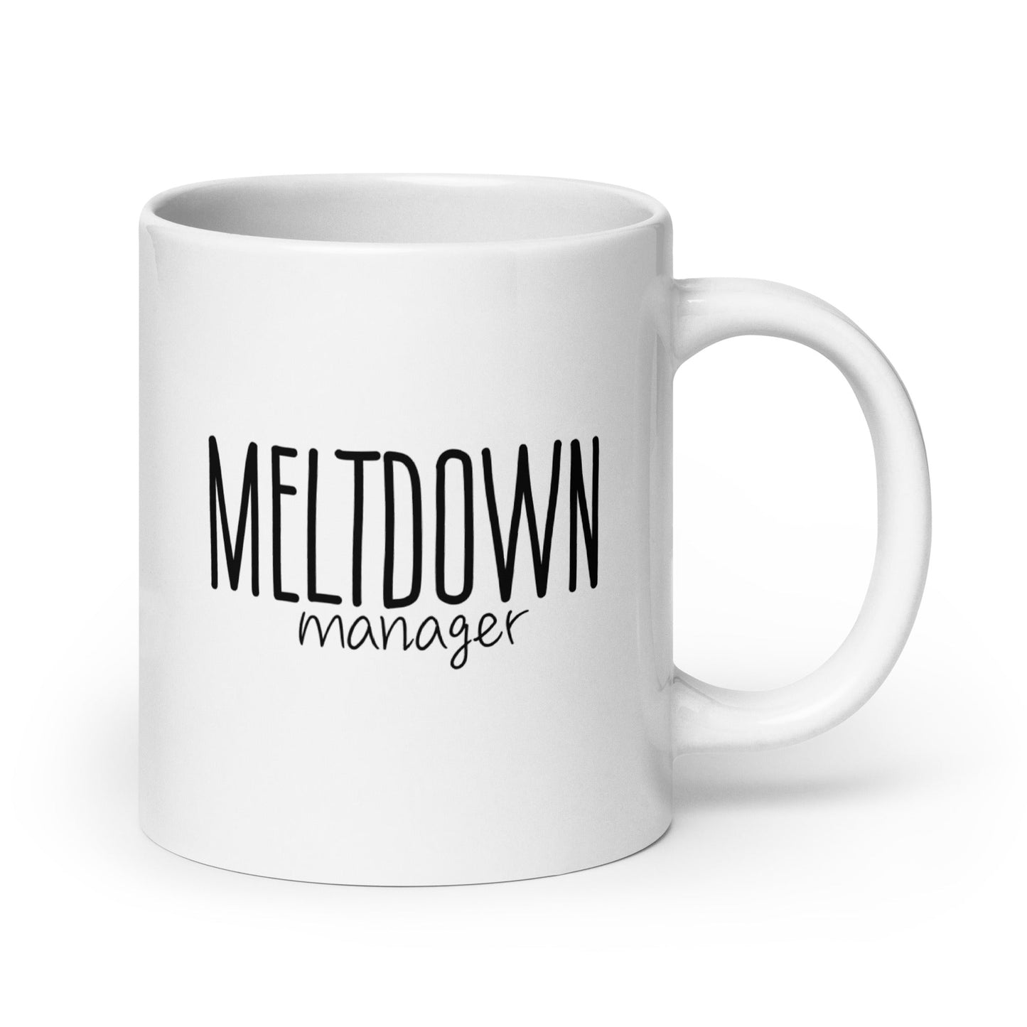 White coffee mug with the text 'MELTDOWN manager' printed on it.