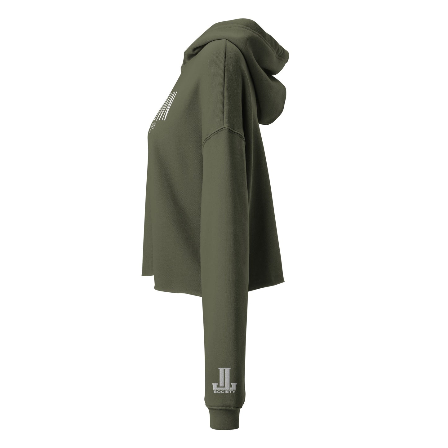 Side view of a cropped olive green hoodie with a hood