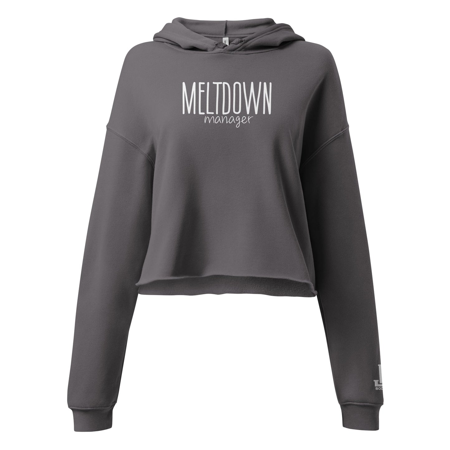 Gray cropped hoodie with 'MELTDOWN manager' text