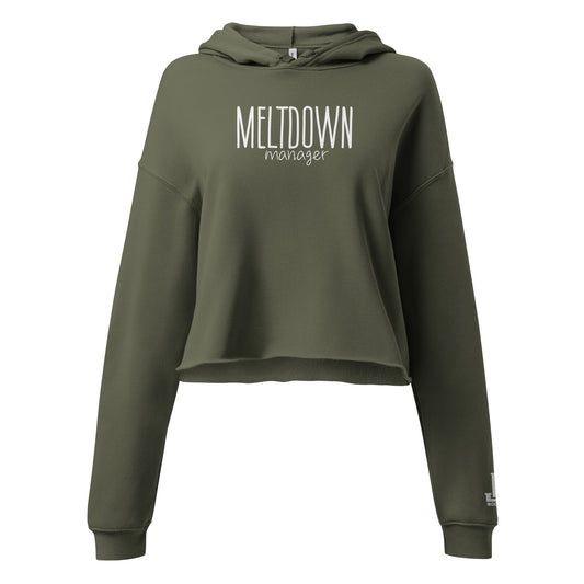 Olive green cropped hoodie with 'MELTDOWN manager' text
