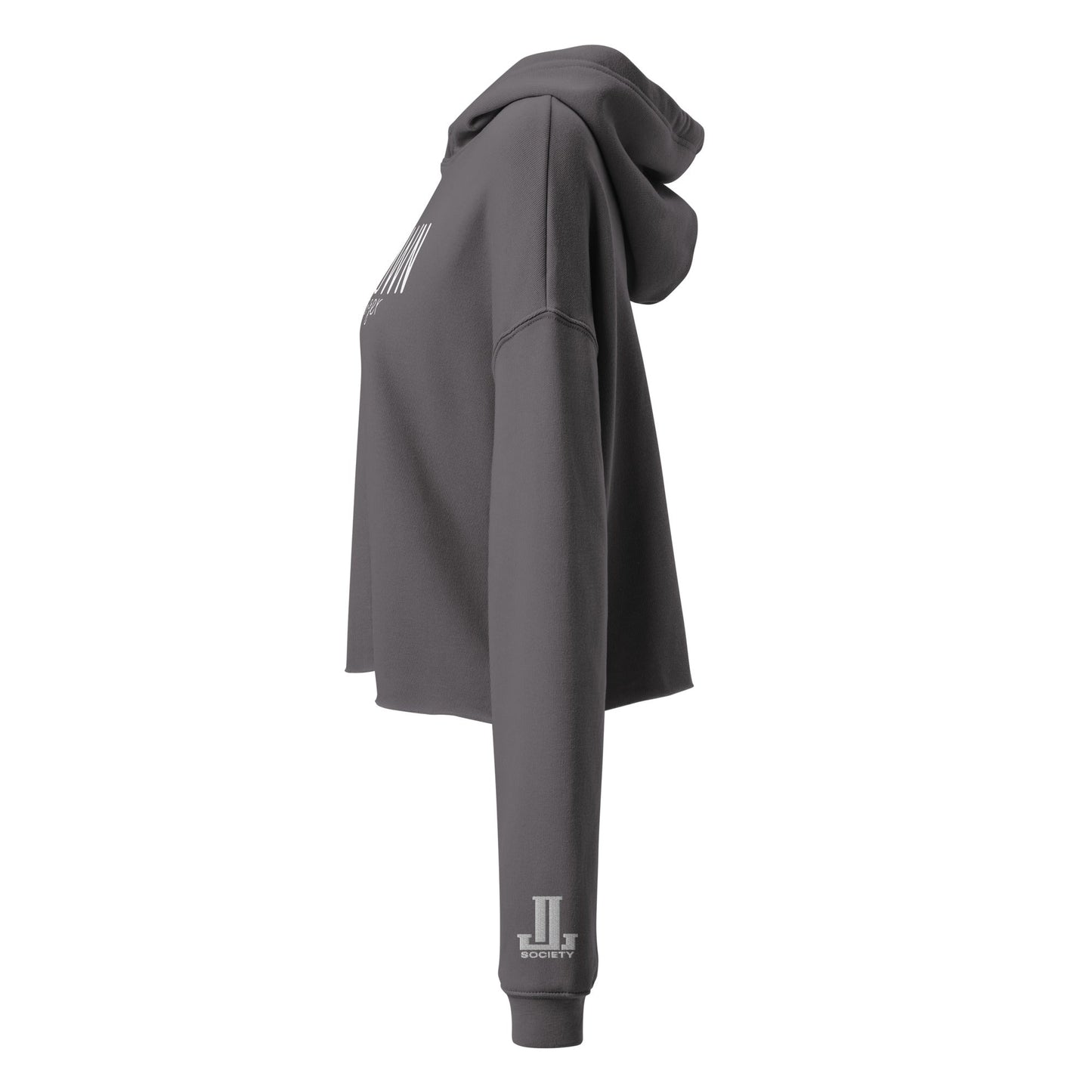 Side view of a gray cropped hoodie with a hood.