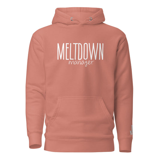 A coral hoodie with the text 'MELTDOWN manager' printed on the front.