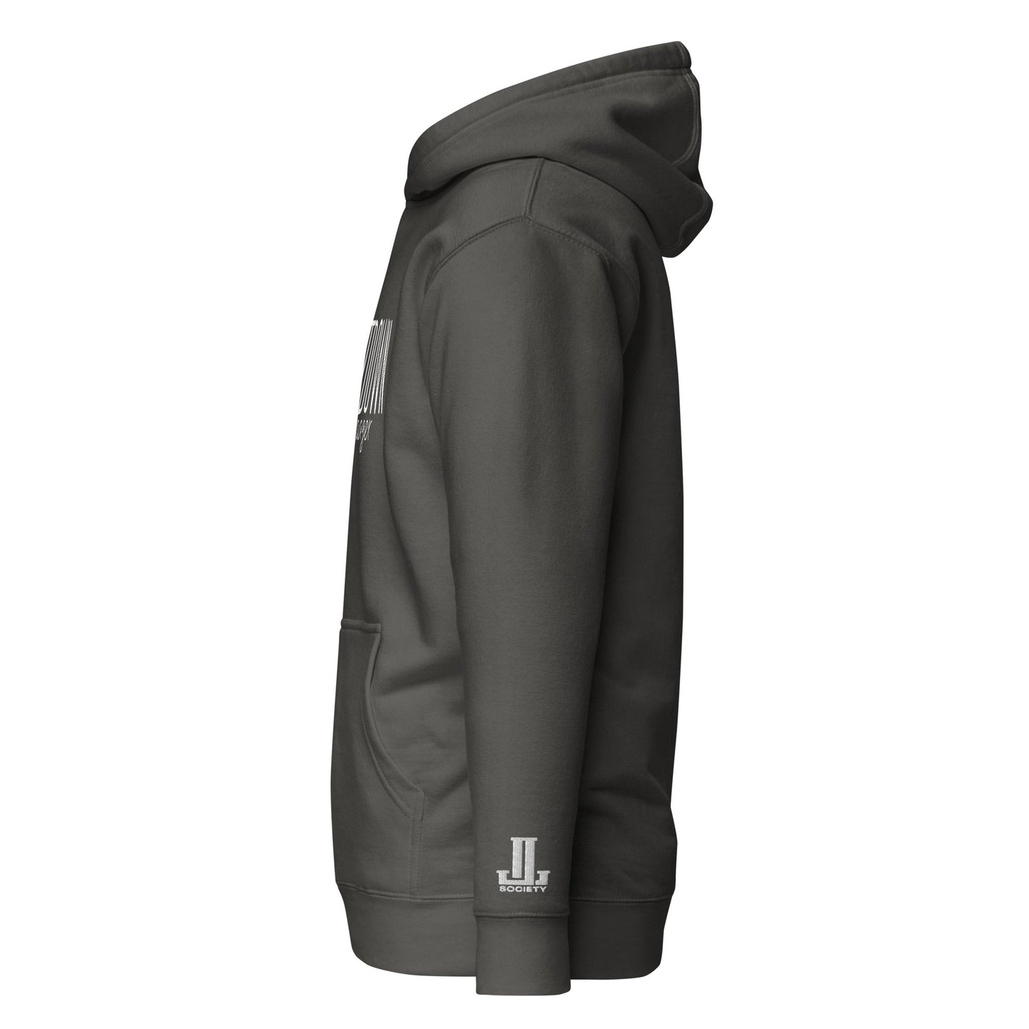 Side view of a dark gray hoodie with a front pocket.