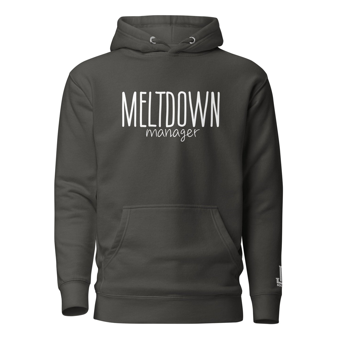Dark hoodie featuring the text 'MELTDOWN manager' in bold white letters.
