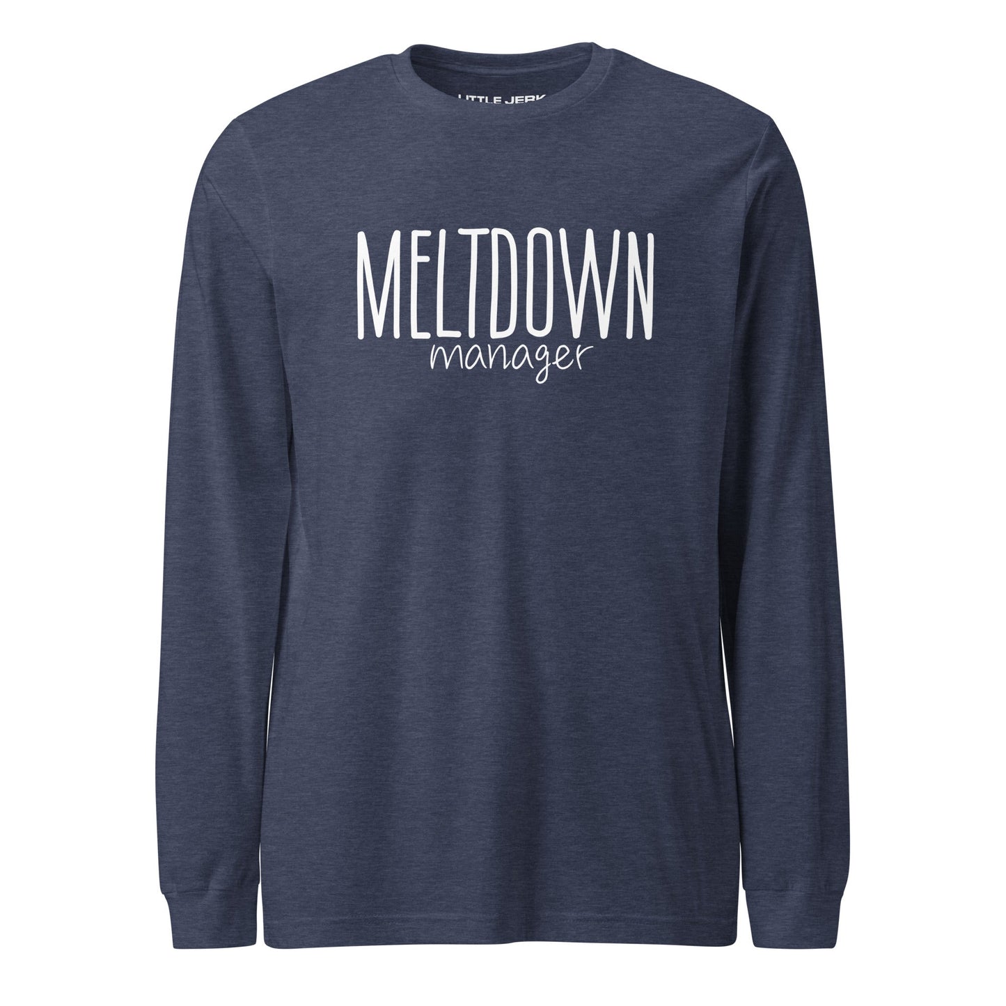 Navy long-sleeve shirt with the text 'MELTDOWN manager' printed on the front.