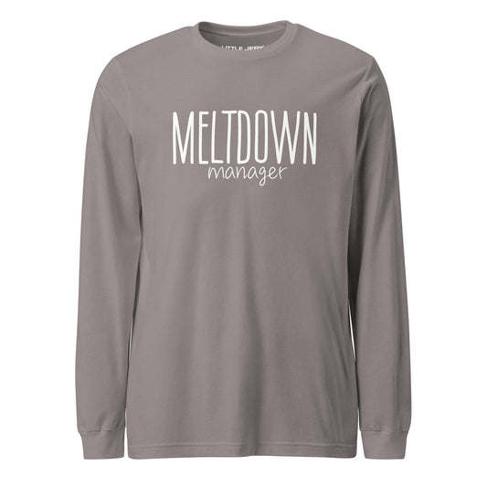Gray long-sleeve shirt with the text 'MELTDOWN manager' printed on it.