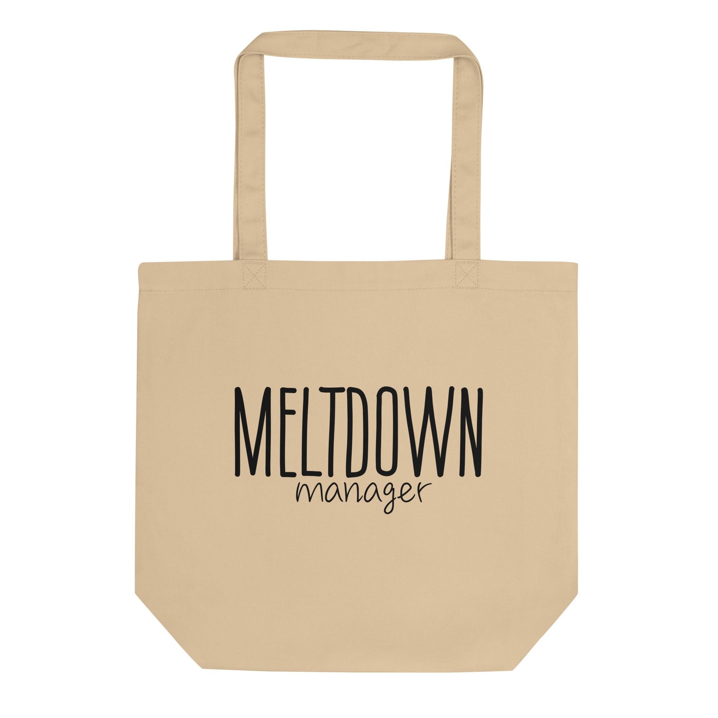 Beige tote bag with the text 'MELTDOWN manager' printed on it.
