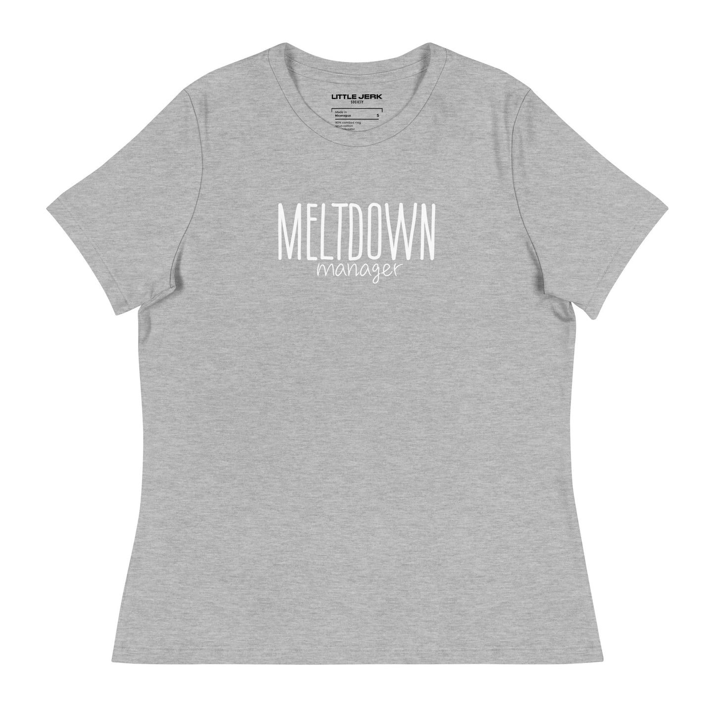 Gray t-shirt with the text 'MELTDOWN manager' printed on it.