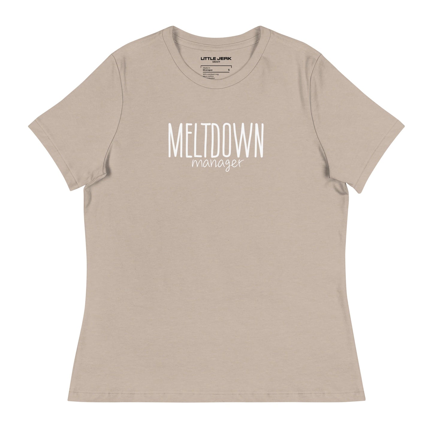 Beige t-shirt with the text 'MELTDOWN manager' printed on it.