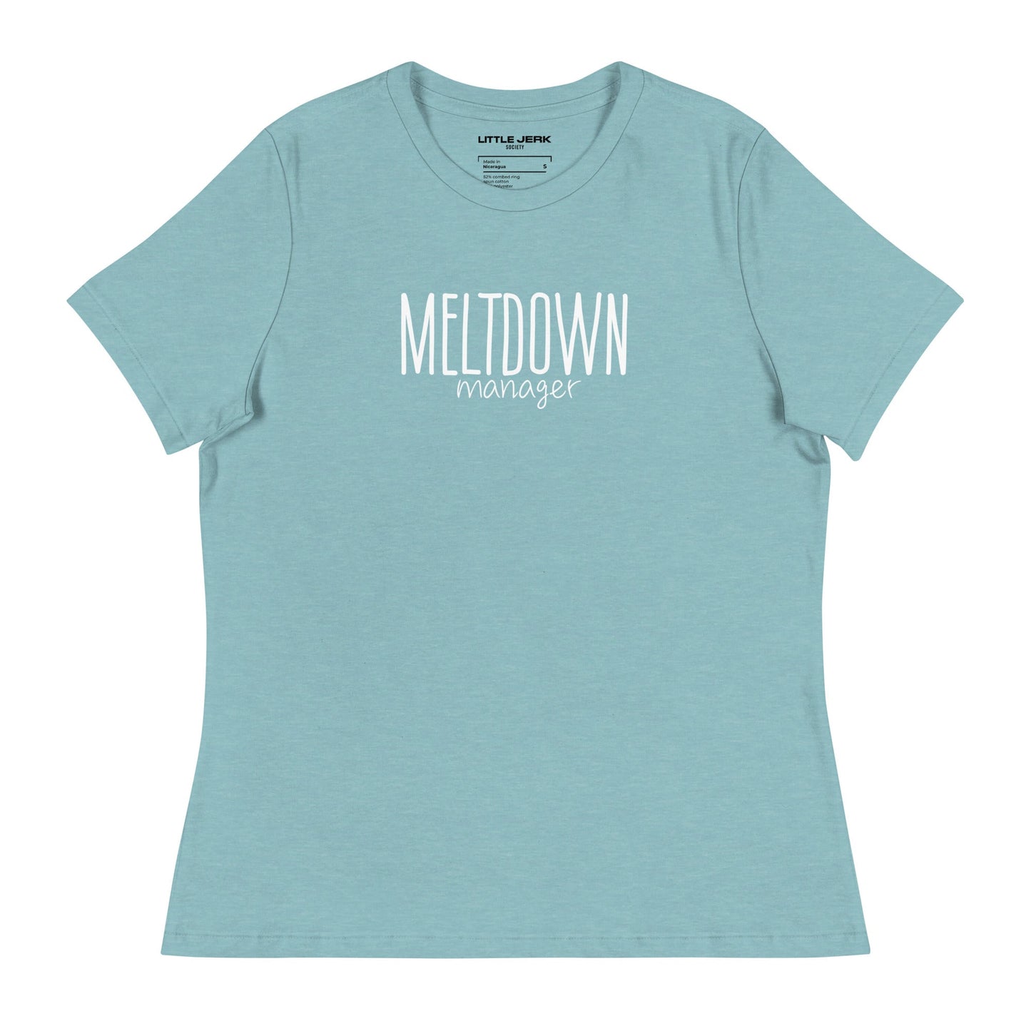A light teal t-shirt with the text 'MELTDOWN manager' printed on the front.