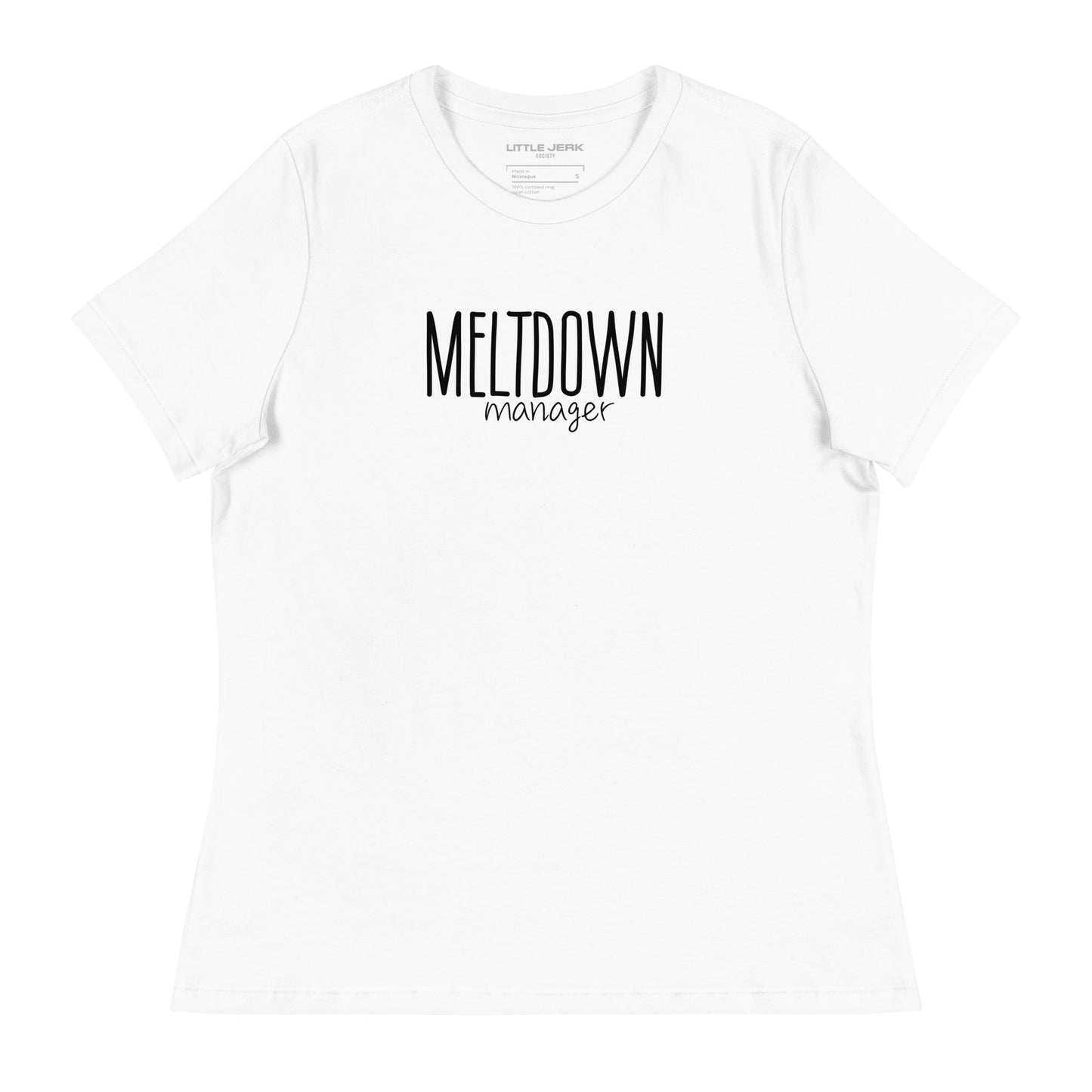 White t-shirt with the text 'MELTDOWN manager' printed on it.