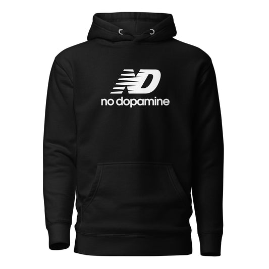 Black hoodie with 'no dopamine' text and logo