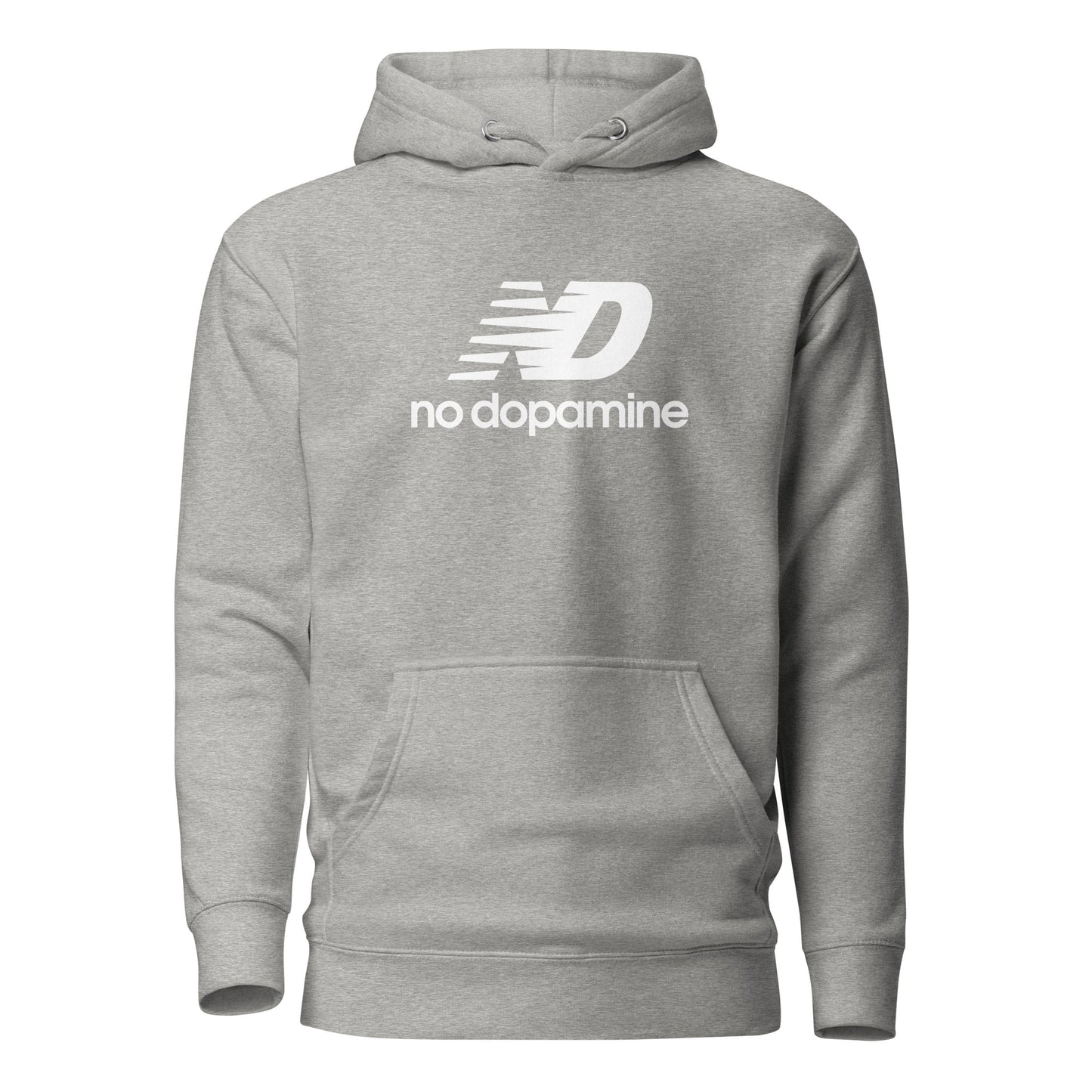 Gray hoodie with 'no dopamine' text and logo