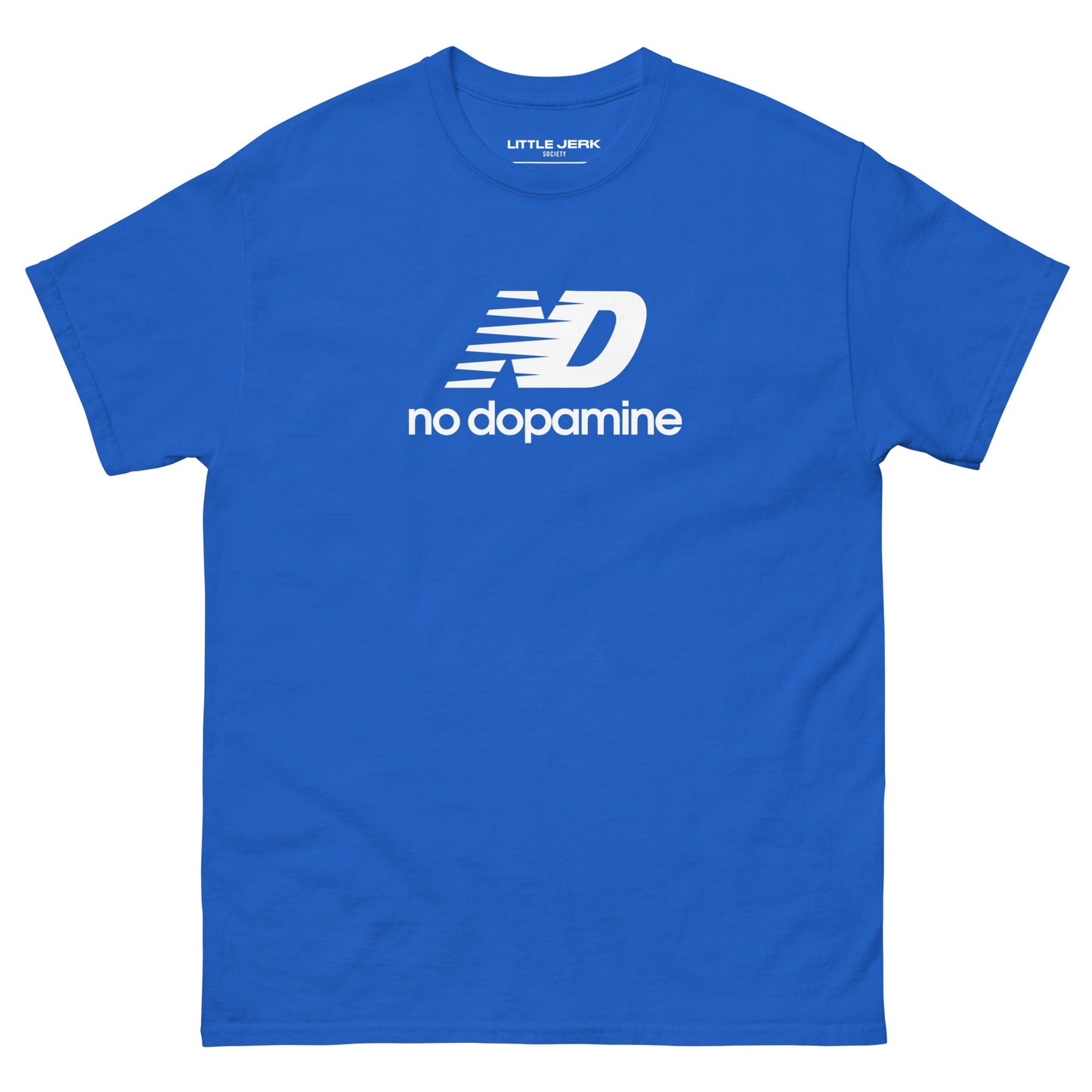 Blue t-shirt with the text 'no dopamine' and a logo featuring 'ND'
