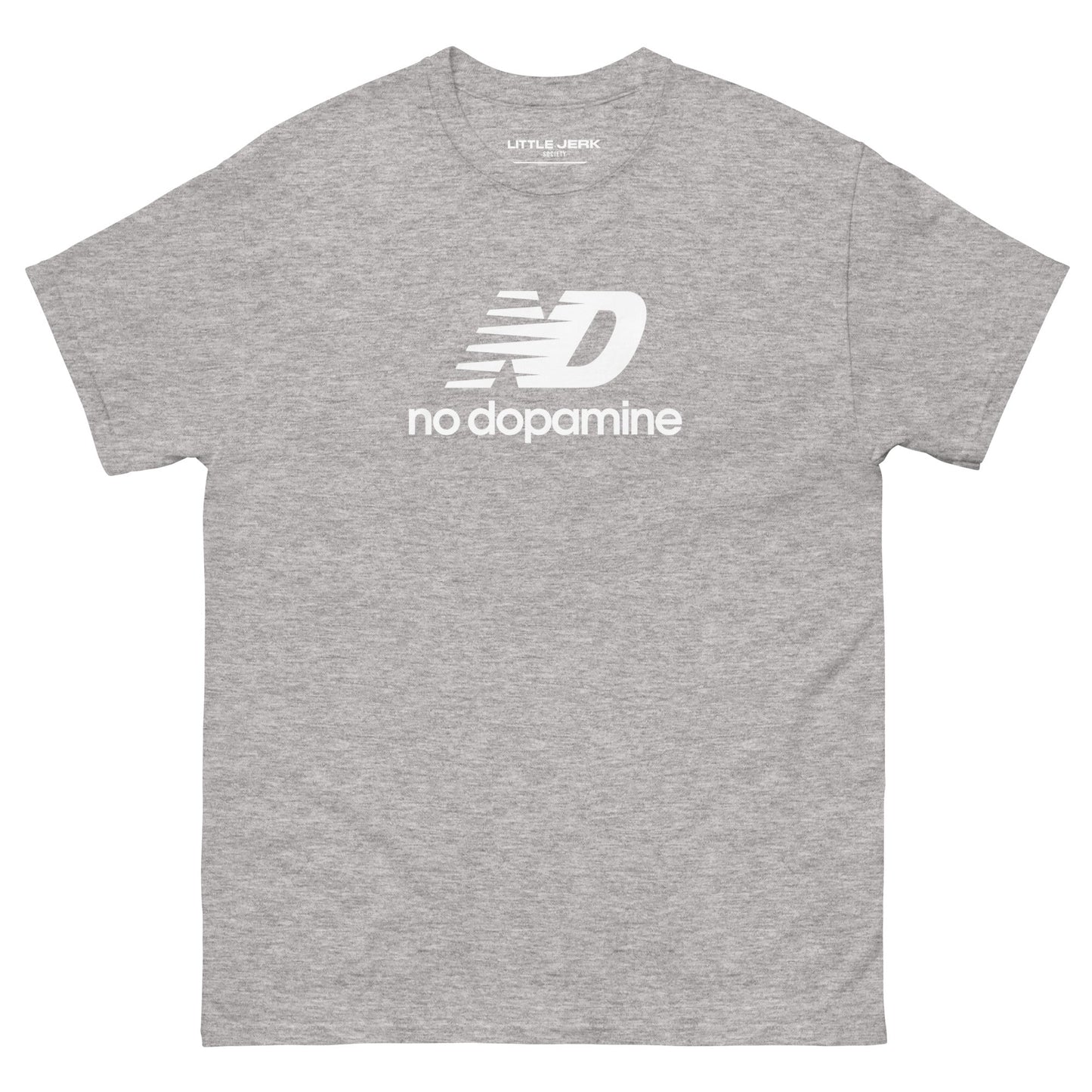Gray t-shirt with 'no dopamine' text and logo