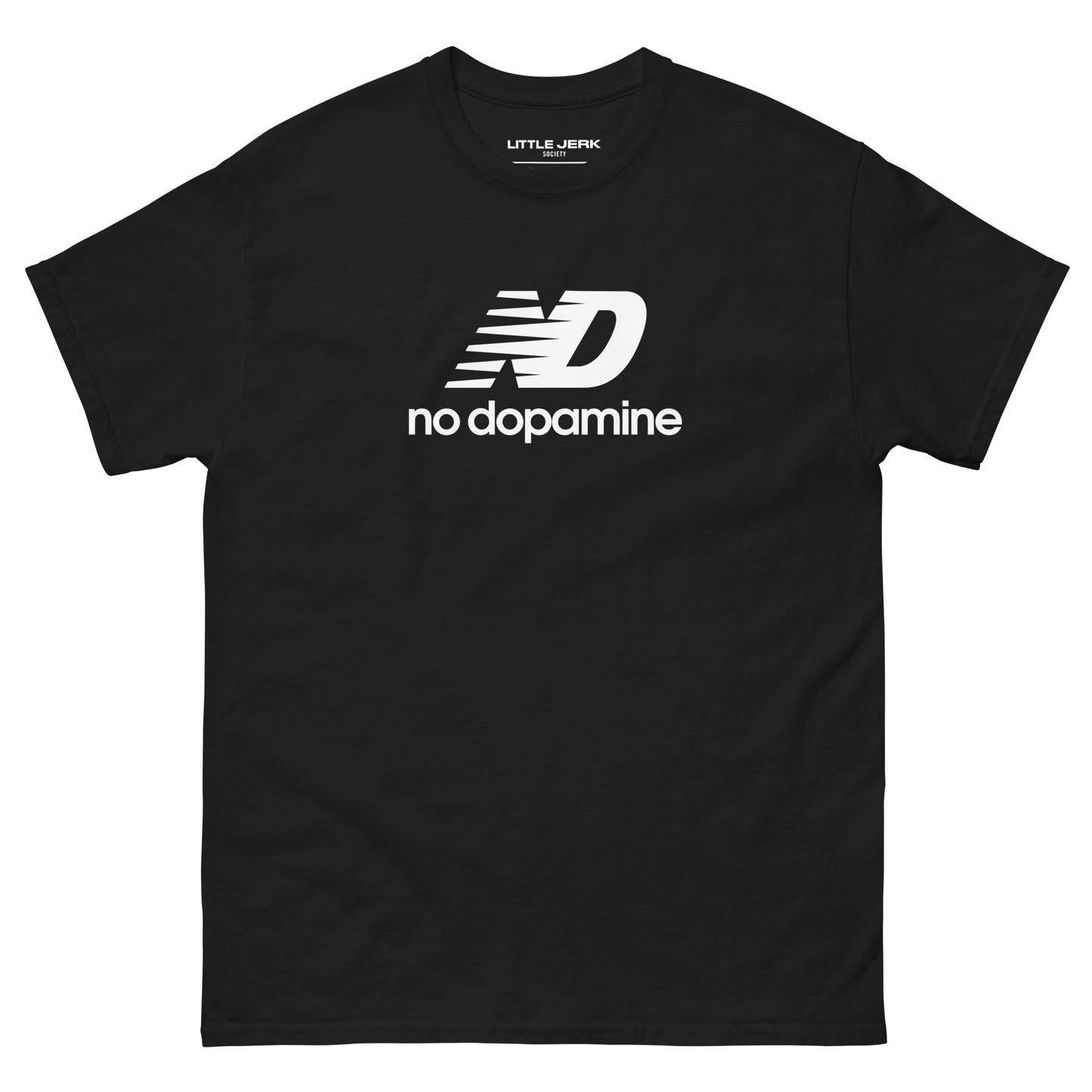 Black t-shirt featuring the text 'no dopamine' with an 'ND' logo