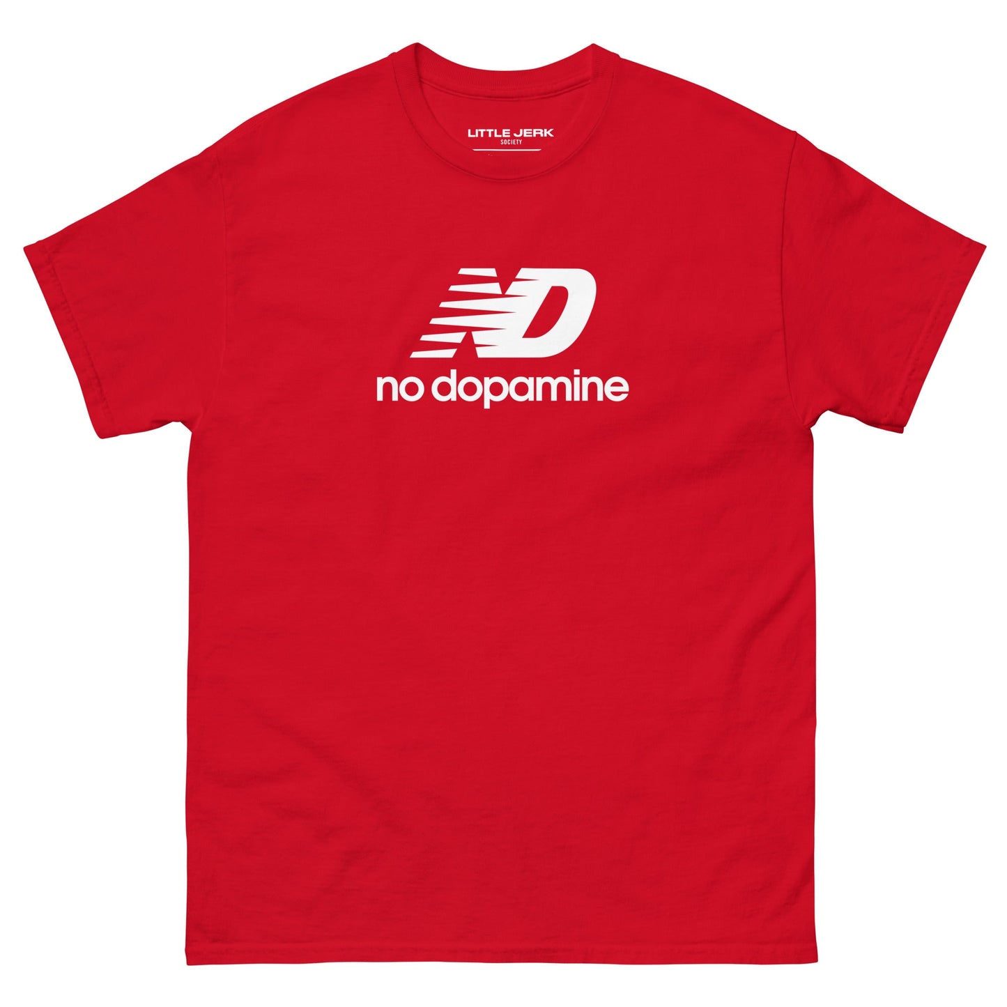 Red t-shirt featuring the text 'no dopamine' and a stylized 'ND' logo.