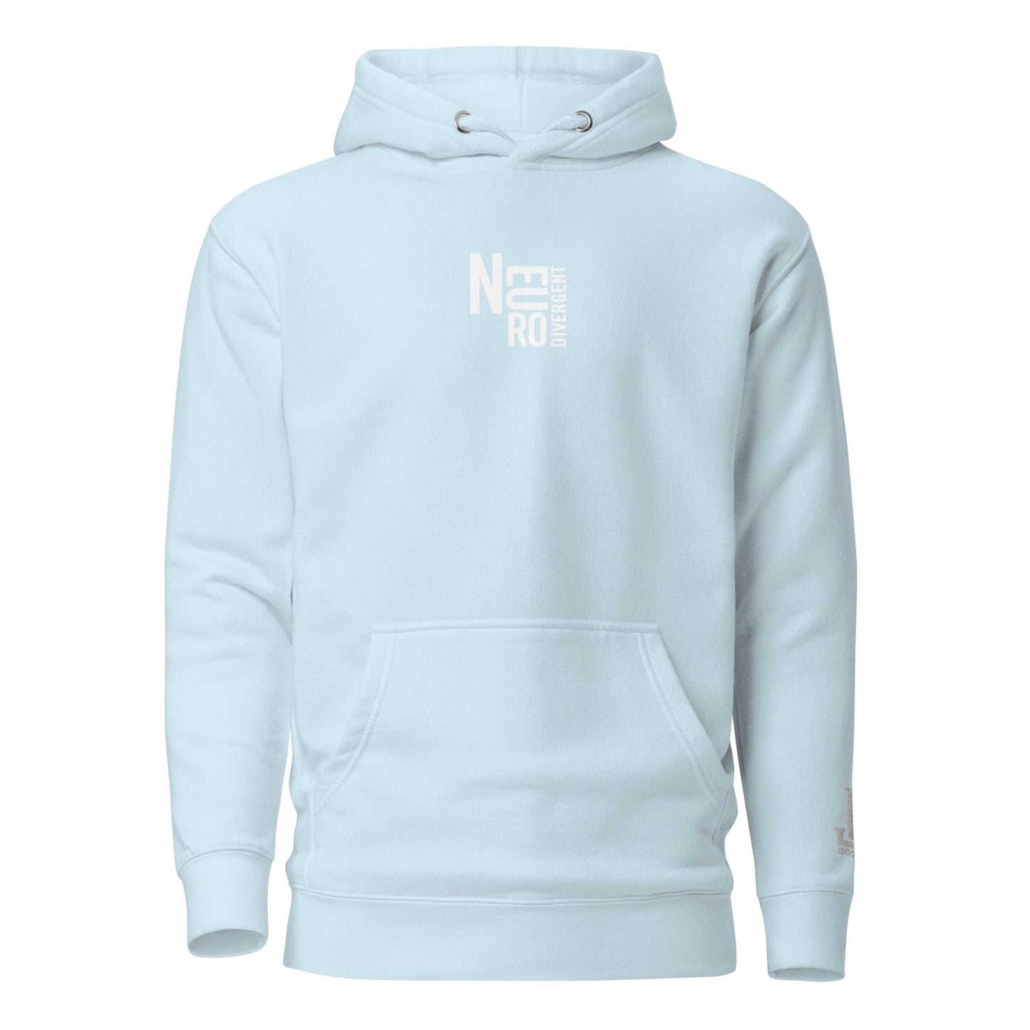 Light blue hoodie with a front pocket and logo on the chest.