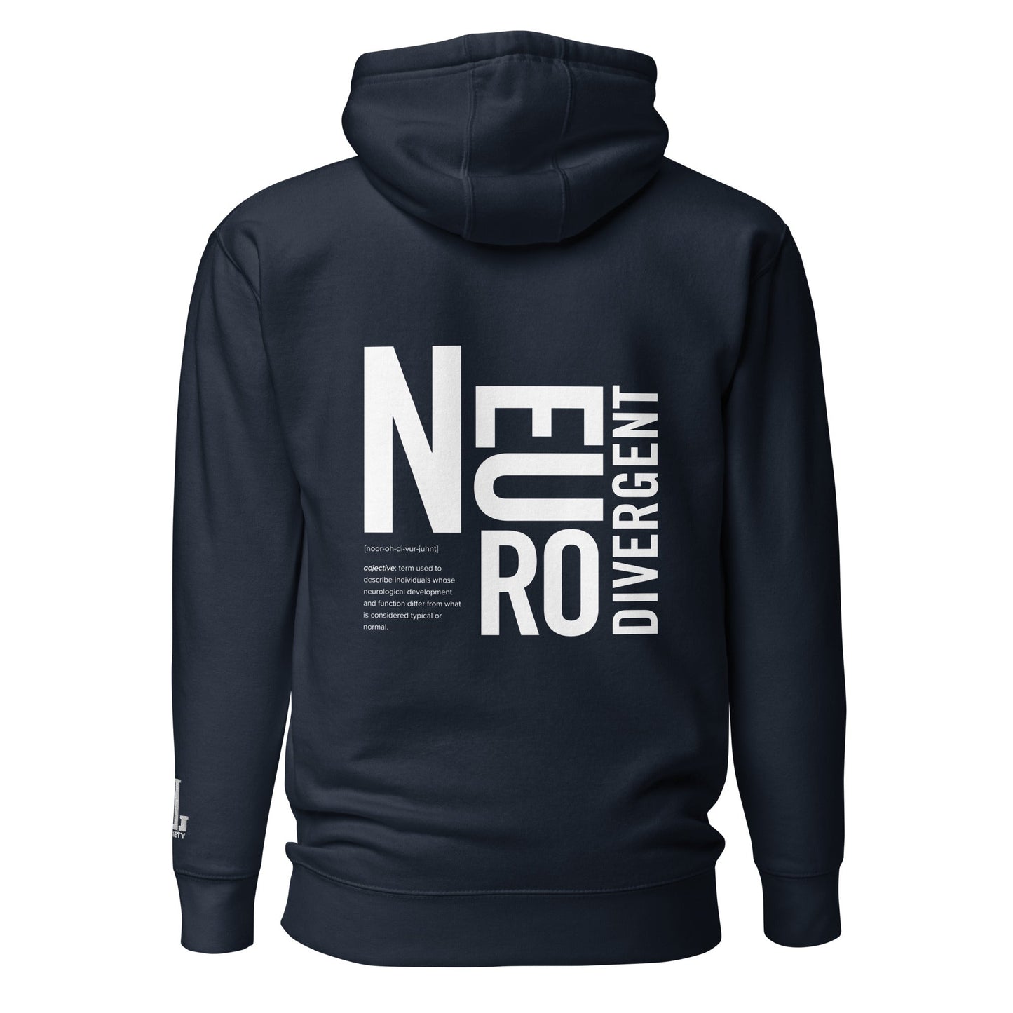 Back view of a navy hoodie featuring the text 'NEURO DIVERGENT' in bold typography.