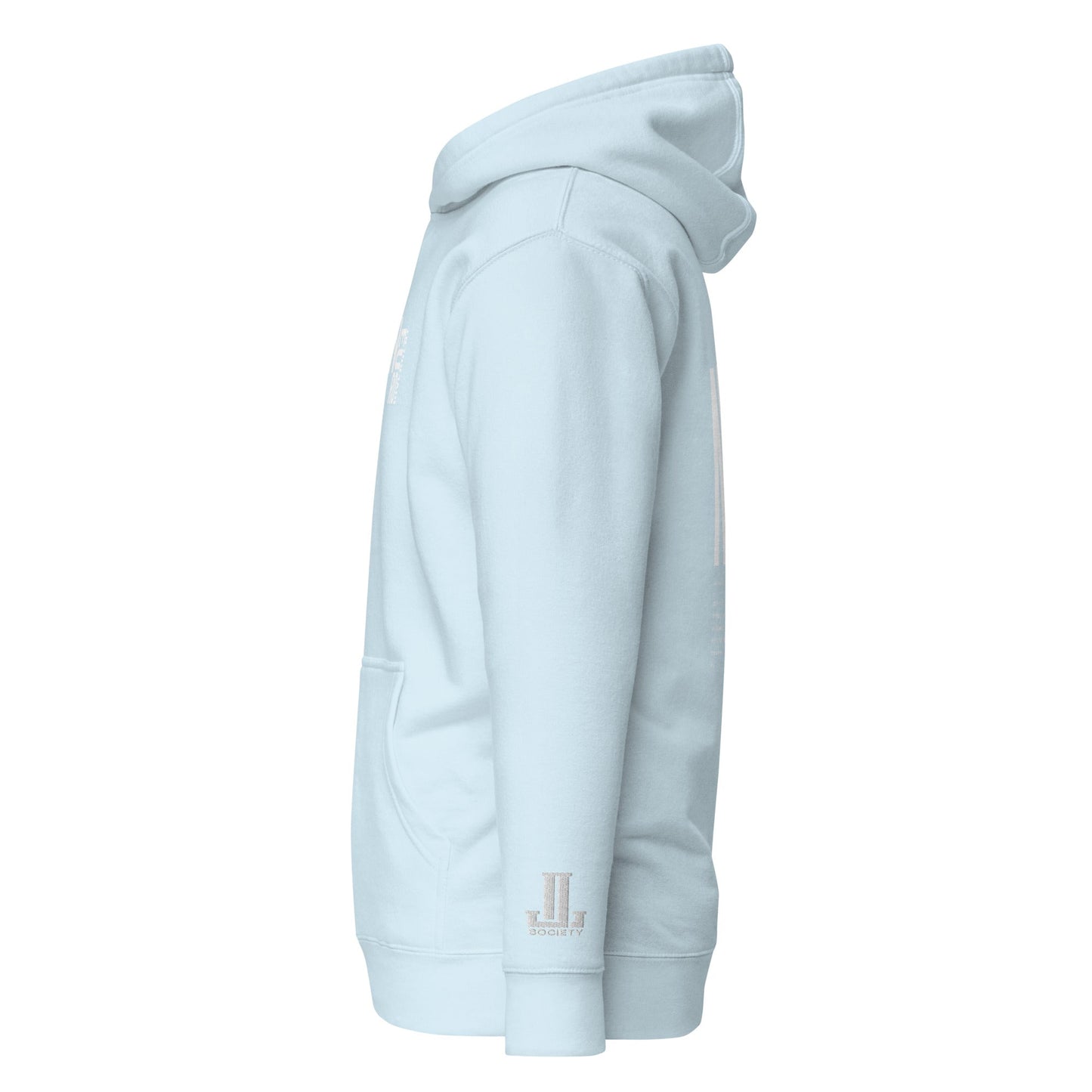 Light blue hoodie viewed from the side.