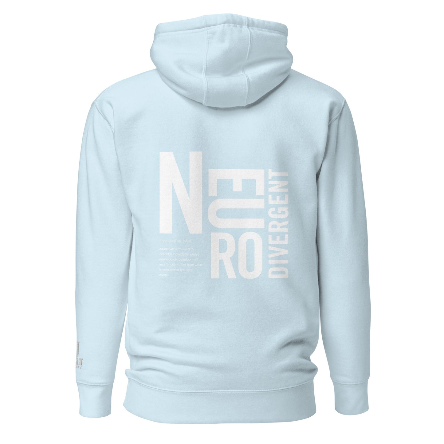 Light blue hoodie with white text design on the back.