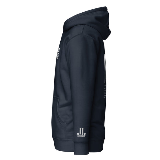 Side view of a dark navy hoodie with a logo and pocket