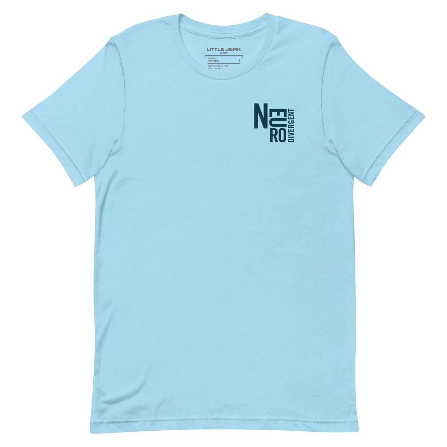 Light blue t-shirt with a graphic design on the front.