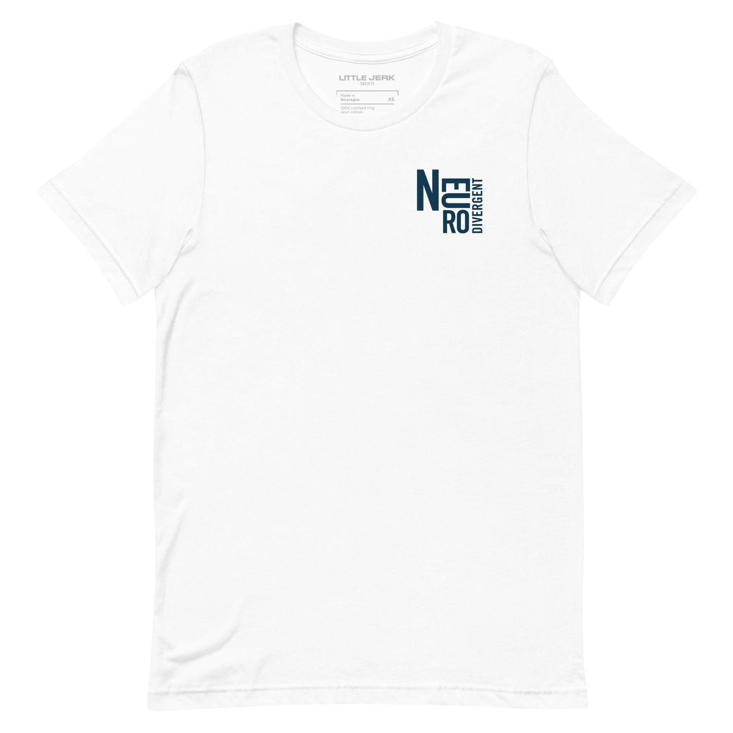 White t-shirt with a blue logo on the left side