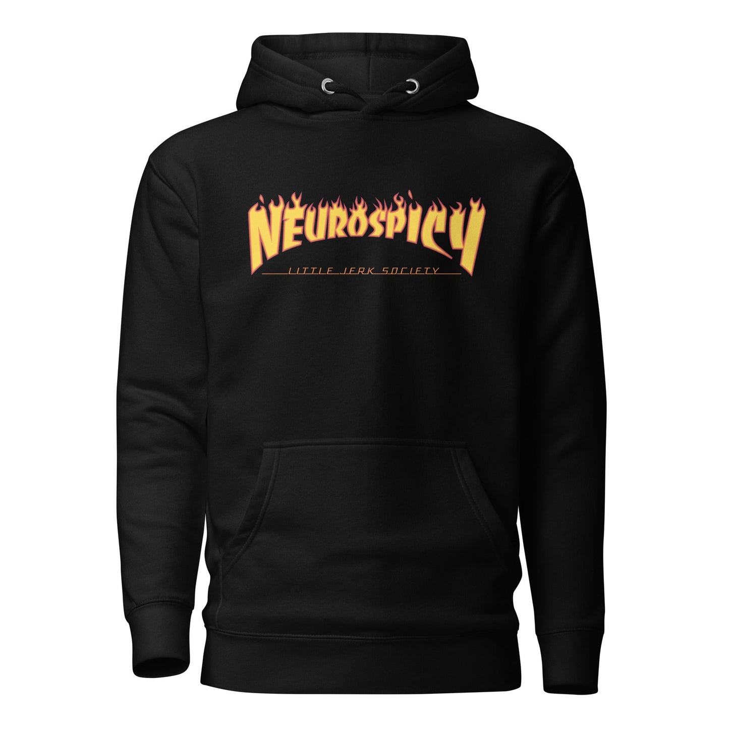 Black hoodie with the text 'Neurospicy' in stylized orange letters