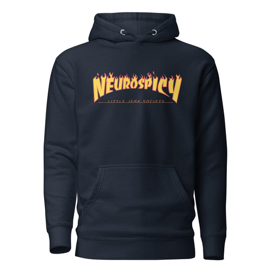 Black hoodie with vibrant orange text saying 'Neurospicy' across the front.