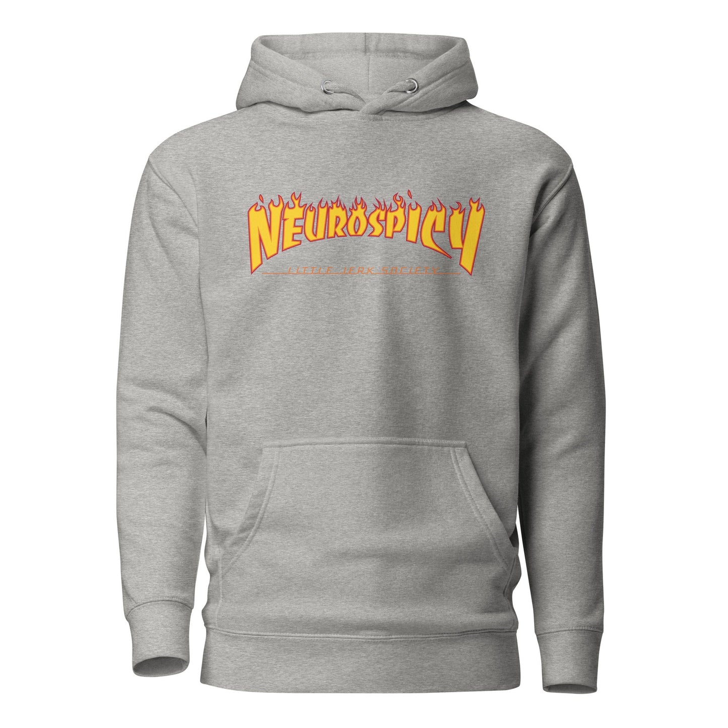 Gray hoodie featuring the text 'Neurospicy' in vibrant yellow and orange.