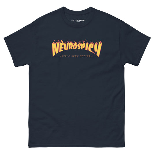 Black t-shirt featuring the text 'Neurospicy' in flames.