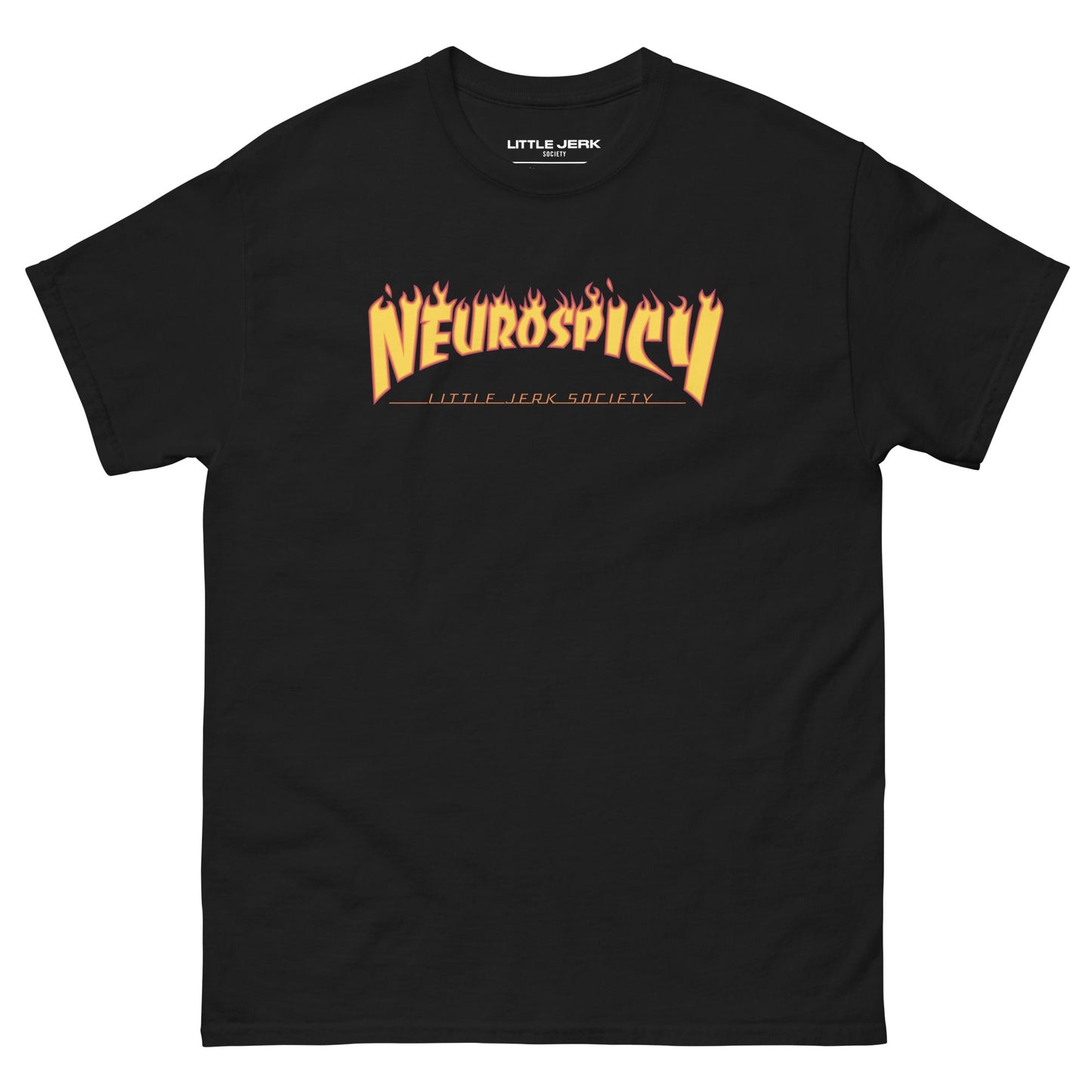 Black t-shirt featuring the text 'Neurospicy' in fiery orange graphic.