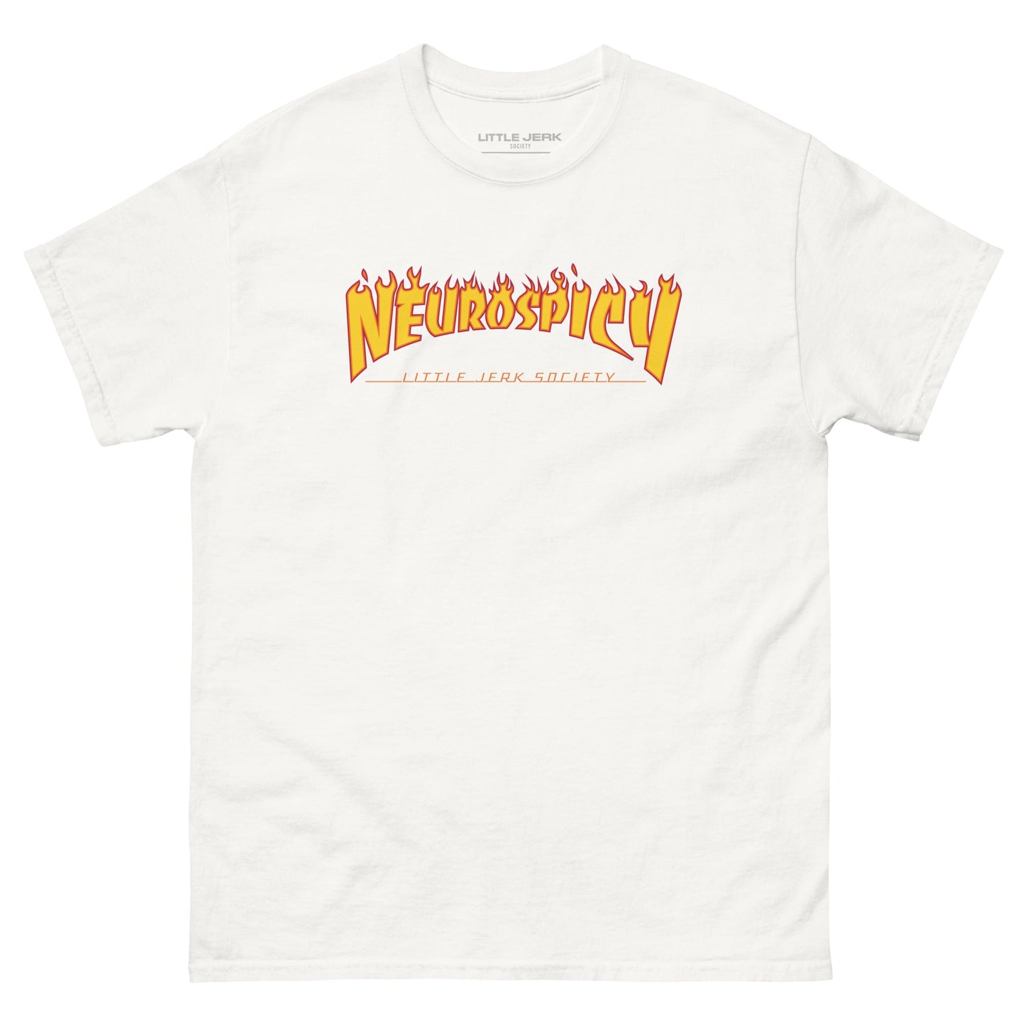 White t-shirt with the text 'Neurospicy' in a bold, colorful font