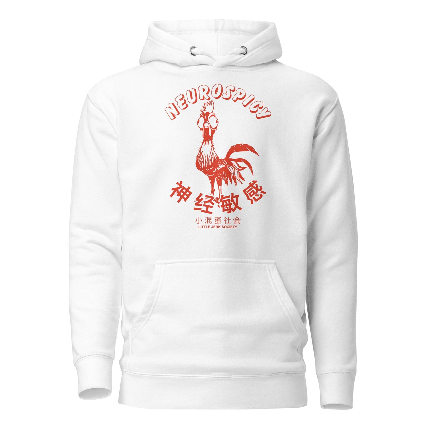 White hoodie with red graphic text and a rooster illustration
