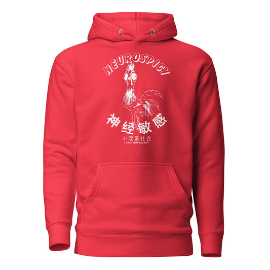 Red hoodie with a graphic print featuring a rooster and the text 'NEUROSPICY' in English and Chinese.