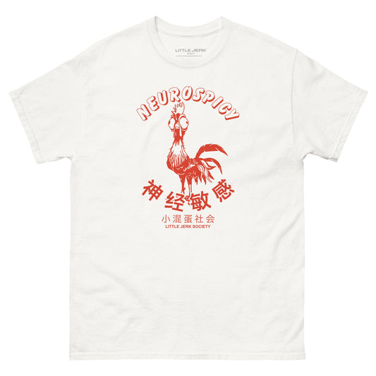 White t-shirt with red graphic design featuring a chicken and the text 'NEUROSPICY' in English and Chinese.