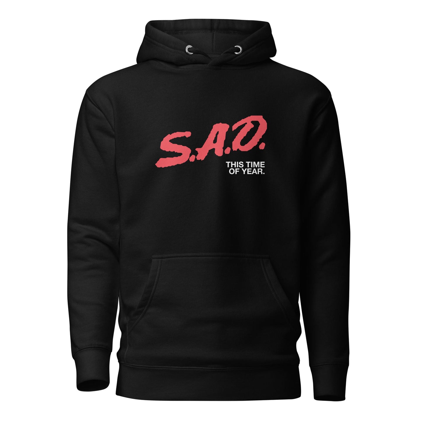 Black hoodie featuring the text 'S.A.D. THIS TIME OF YEAR.'