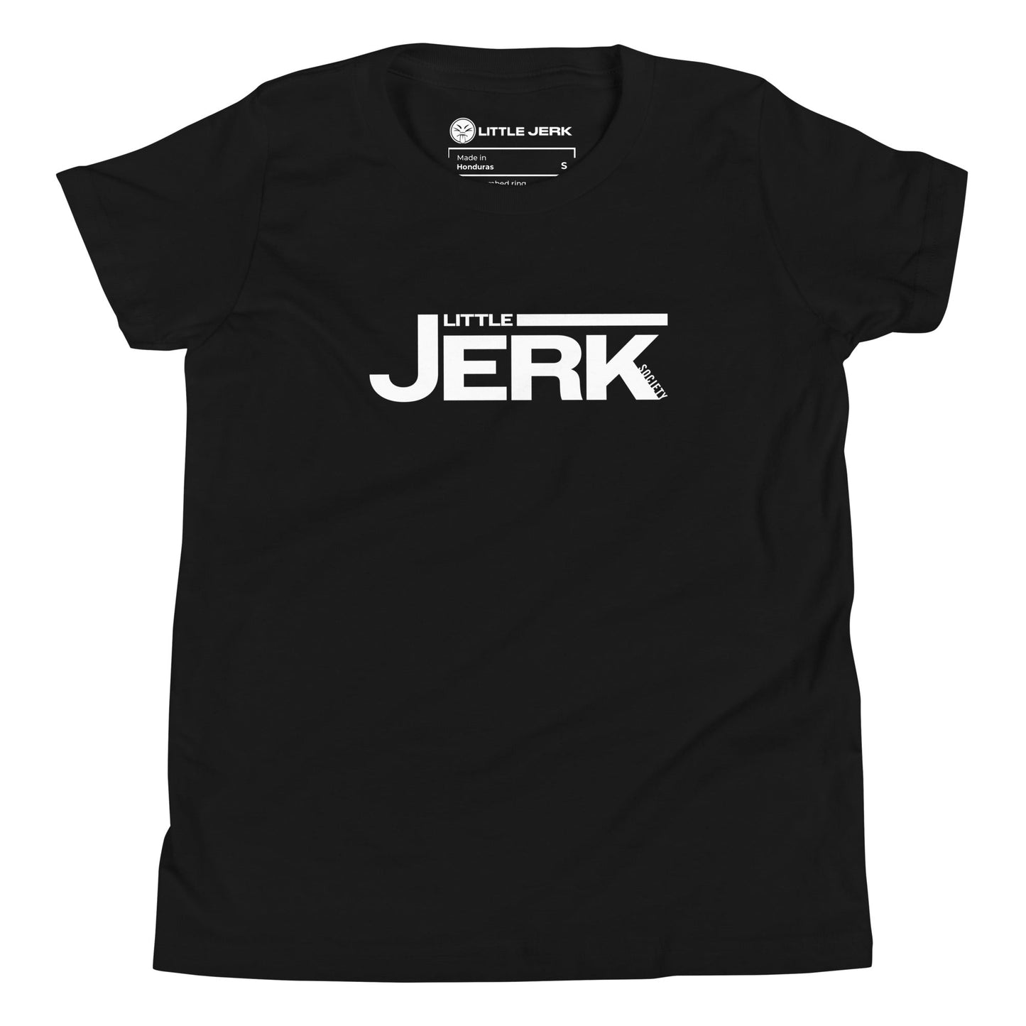 Black t-shirt with the word 'JERK' prominently displayed in white letters above the word 'LITTLE'.