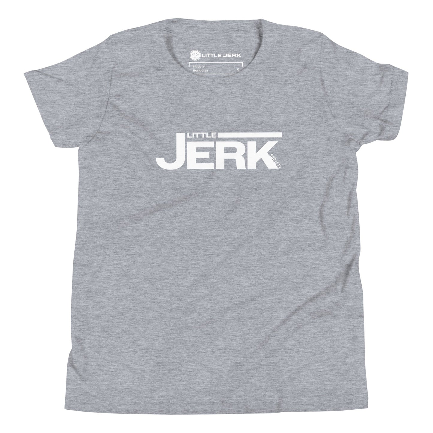 Gray t-shirt with the text 'LITTLE JERK' printed in white.