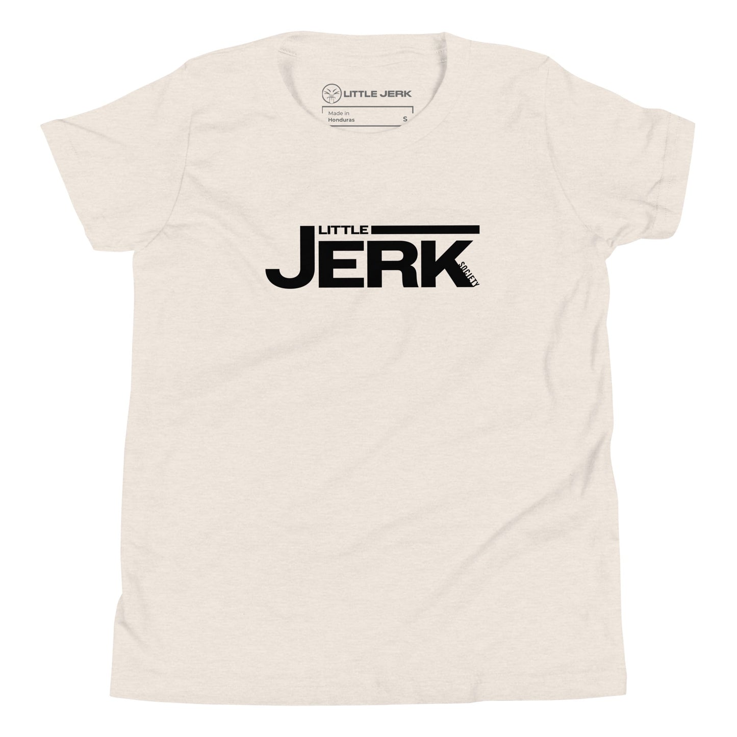 A light-colored t-shirt featuring the text 'LITTLE JERK' in bold black letters.